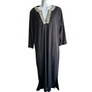 Quacker Factory Maxi Dress Black Caftan Terry Embellished‎  Lounger Medium NWOT